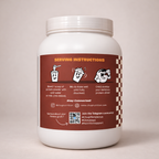 White protein powder container with brown label on a beige background