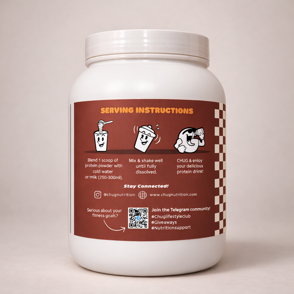 White protein powder container with brown label on a beige background